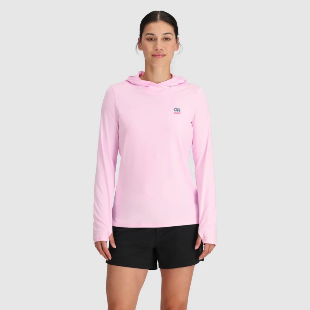 Outdoor Research lightweight hooded spf 50+ long sleeve pullover, light pink